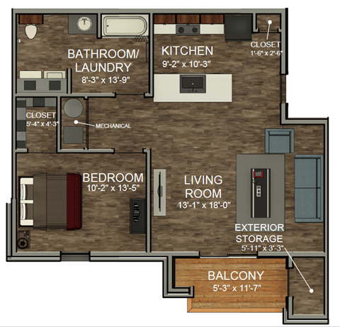 Floor plan for 1 bed, 1 bath, 918 sqft